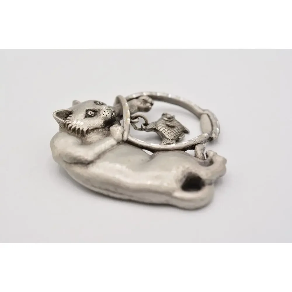 JJ Cat Pin Brooch Brushed Silver Pewter Fish Bowl Dangling Vintage Signed 80s 9B